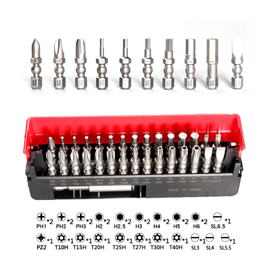 VESSEL IB31P03CSF Screwdriver Bits Set 31Pcs Impact Ball Torsion Bit with Magnetic Extension Bit in Slide Case Hand Tools