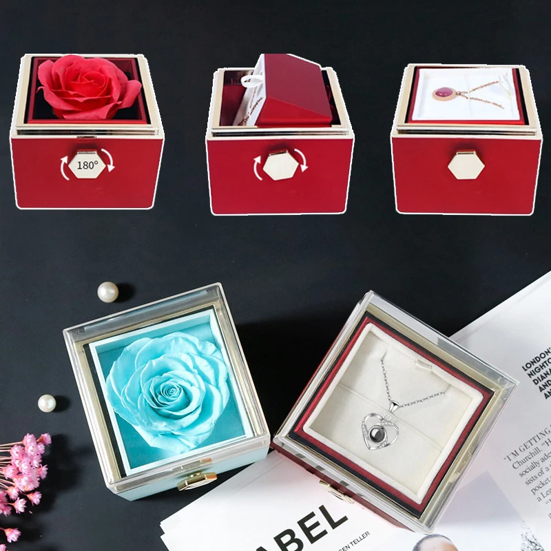 Rotating Rose Gift Box Acrylic Ring Necklace Flower Jewelry Box For Girlfriend Mother 2023 Hot Sale Christmas Romantic Gifts