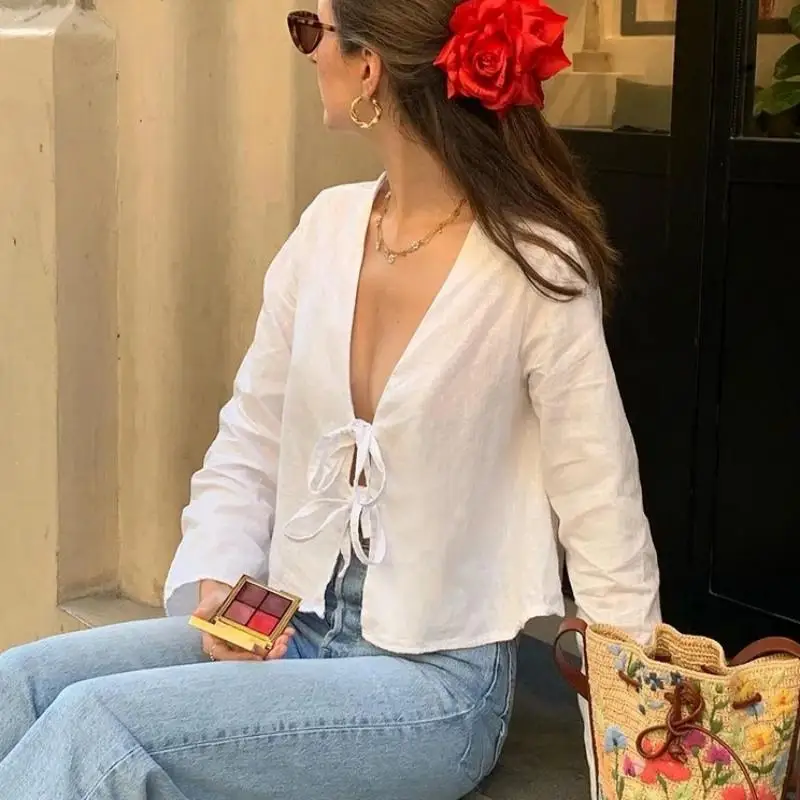 Women Lace Up Bow Shirts Hollow Out V Neck Solid Streetwear Flare Long Sleeve Tops Spring Summer Elegant Chic Causal Blouses