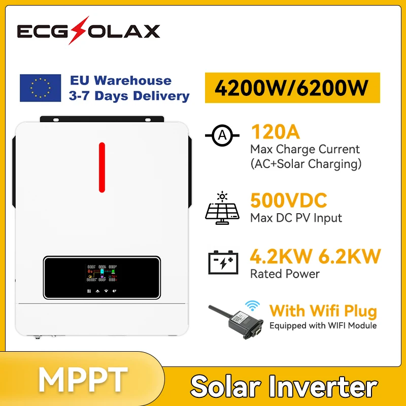 ECGSOLAX 4.2KW 6.2KW Pure Sine Wave Solar Hybrid Inverter 24V 48V 220Vac With 120A MPPT Controller PV Max 500VDC Solar Inverter