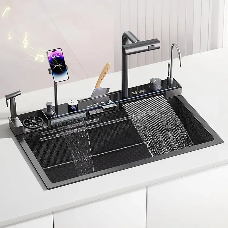 BRONCHO 29.5x18 INCH Modern Smart Single Bowl Kitchen Sinks，Digital Display Double Waterfall Si
