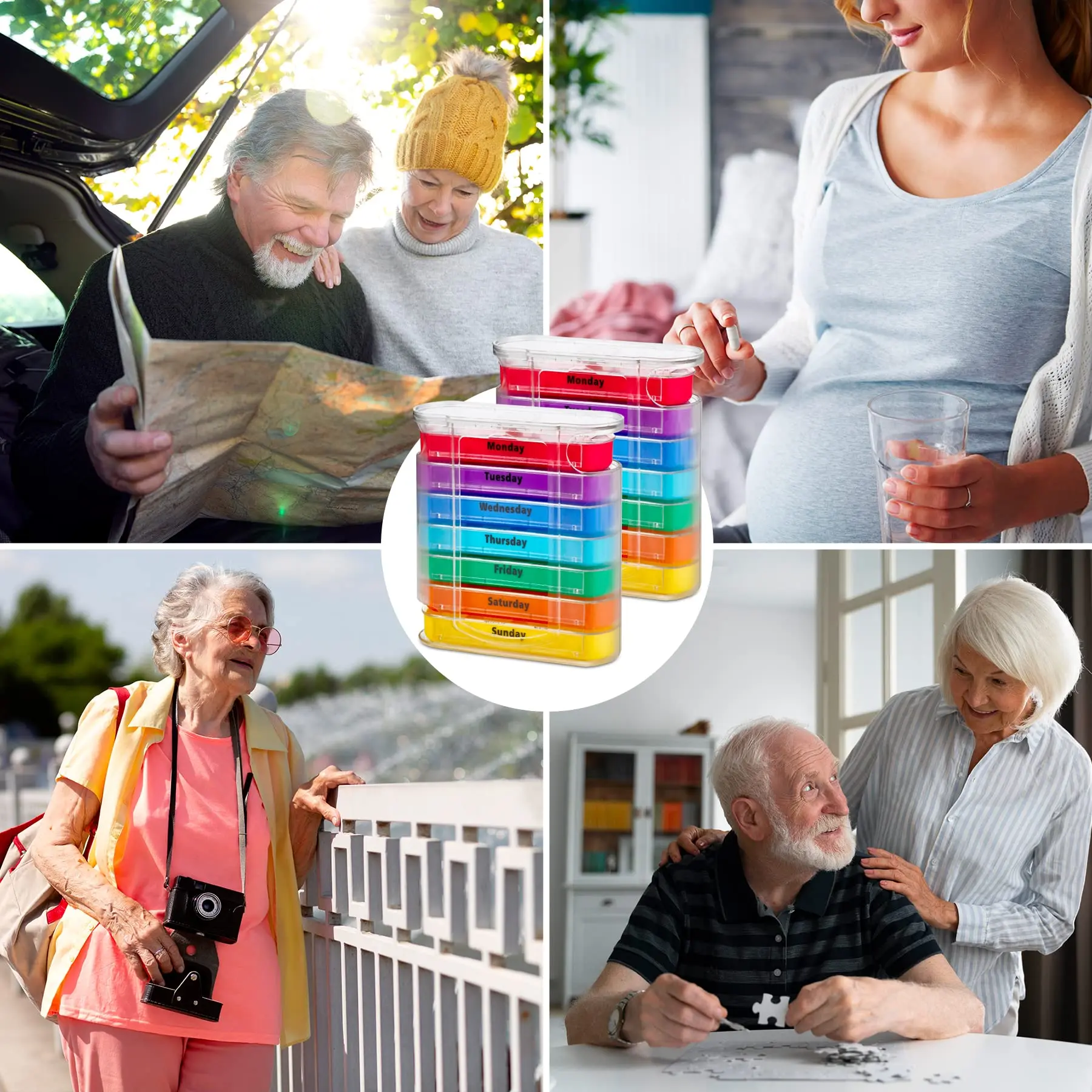 Weekly Pill Organizer with 7 Stackable Trays with 4 Times a Day Pill Box 4 Compartments Labeled for Morning Noon Evening Night