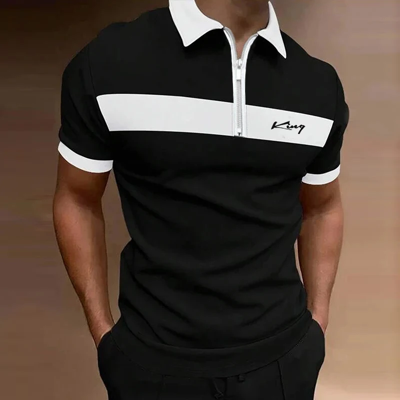 Men\'s Polo Shirt Zip Polo Short Sleeve Vacation Summer Spring Zipper Print Collar Black White Red Micro-elastic Polyester