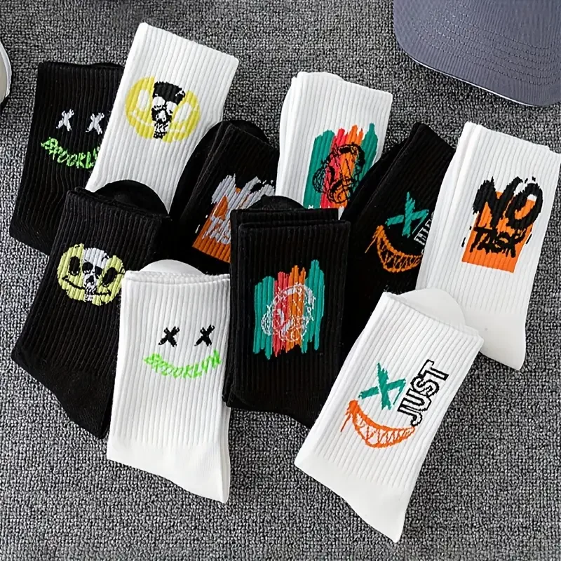 10 Pairs Men\'s Trendy Graffiti Pattern Crew Socks, Cotton Blend Breathable Comfy Casual Unisex Socks For Men\'s Outdoor Wearing