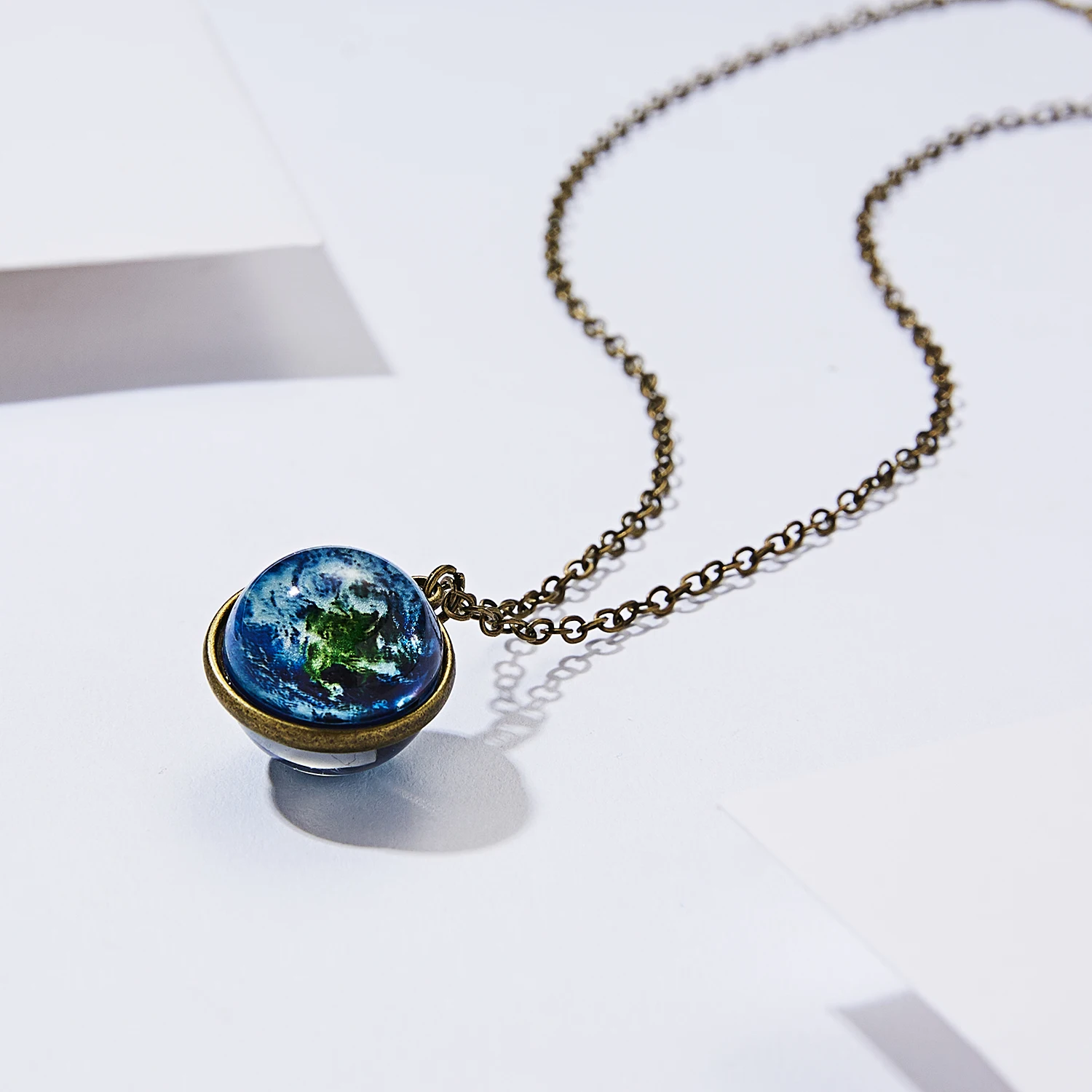 1PC Vintage Colorful Galaxy Universe Round Pendant Necklace Glow in the Dark Glass Ball Metal Chain Choker Fashion Jewelry Gift