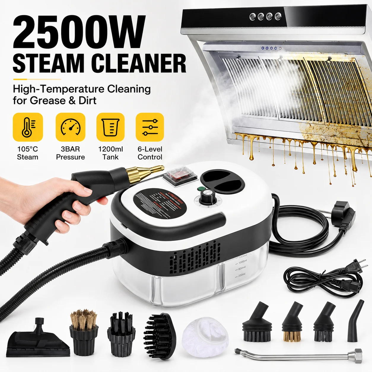 Nettoyeur vapeur haute pression 2500W, 105 ° Nettoyeur vapeur portable C 3BAR 6 vitesses réglables avec réservoir d'eau de 1200 ml pour cuisine, salle de bain, voiture, climatiseur