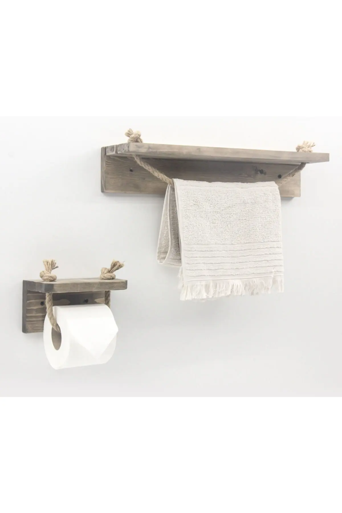 Rustic Wooden Bathroom Set Jute Drawstring Towel Holder Wc Toilet Paper Rack With Phone Shelf Complementary Product Decoration