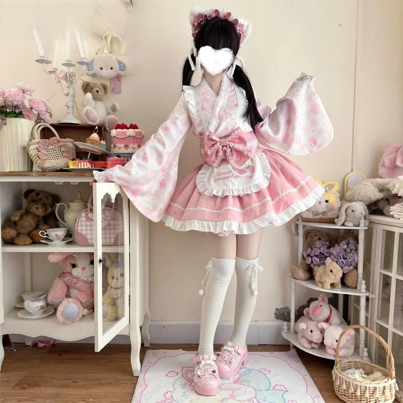 Oryginalna japońska kokardka marszczona sukienka Lolita letnia nowa moda dziewczęca słodka Kawaii Slim-Fit Y2k różowa elegancka sukienka damska — zdjęcie 2