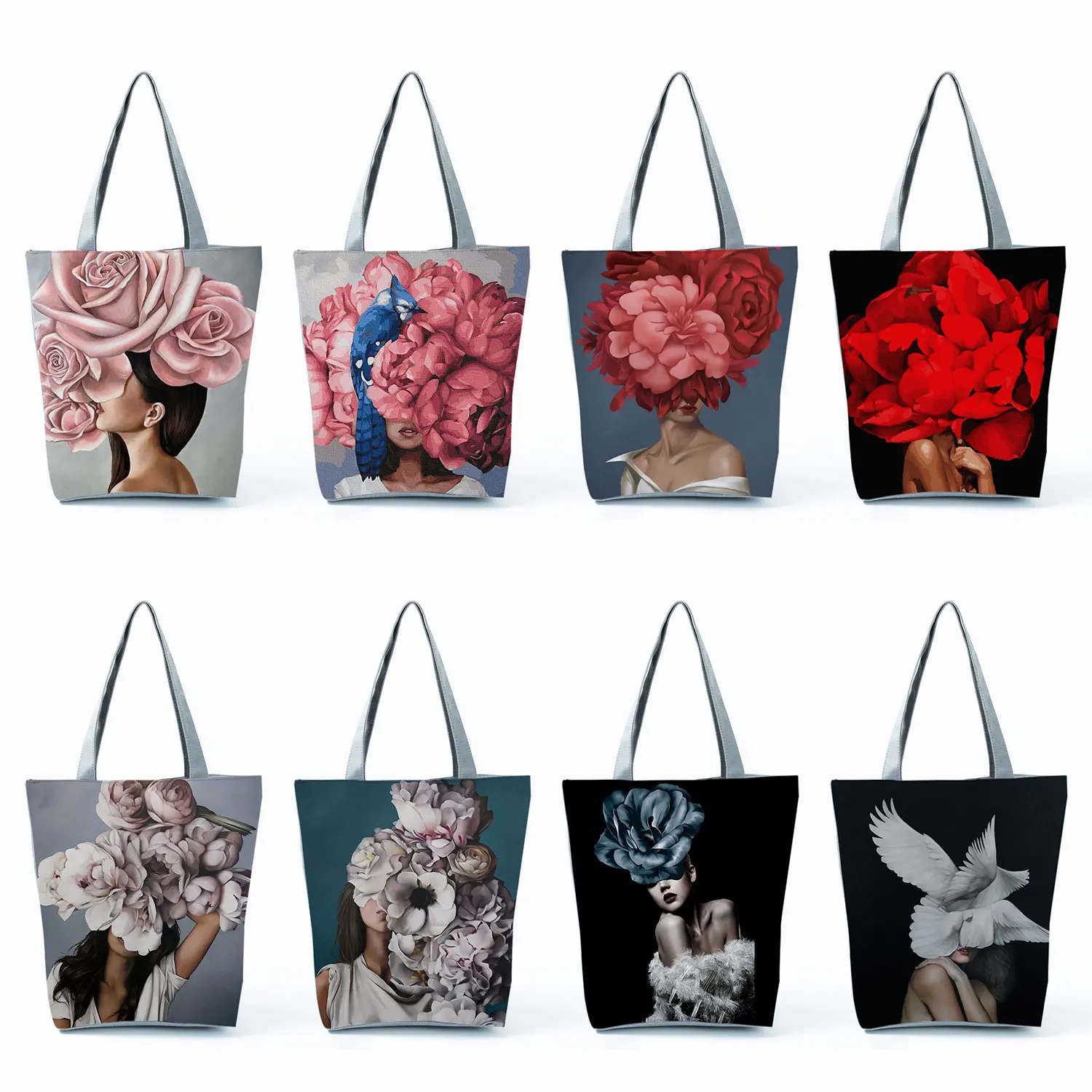 Tote Travel Shopping Bag Women's Handbags Floral Feathers Woman Abstract Painting Shoulder Bag Reusable Casual Art Print Picture