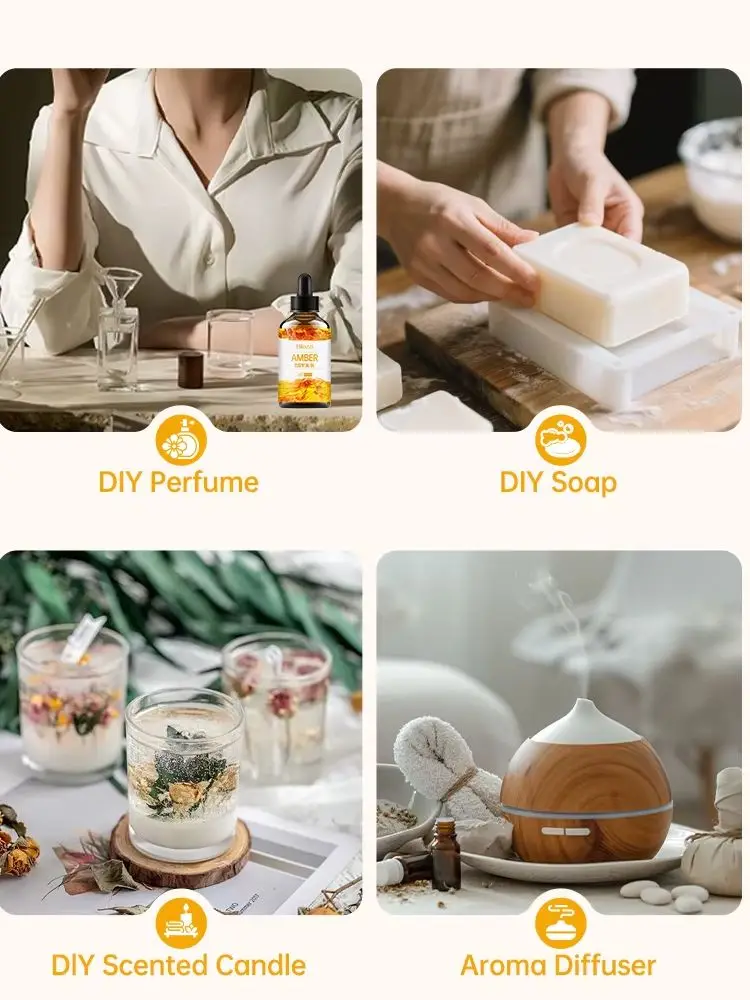 L'huile essentielle d'ambre, un parfum naturel, convient aux traitements de massage corporel et aux soins capillaires. Il peut également être utilisé dans le diffuseur