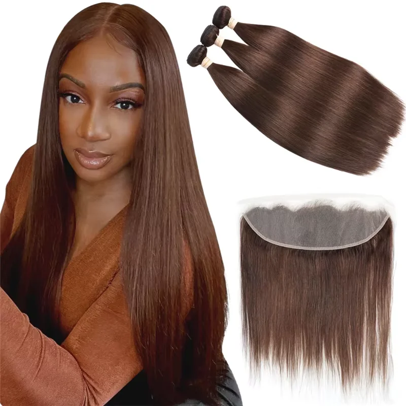 

Brazilian 100% Chocolate Brown Straight Bundles with Frontal Closure Human Hair Weaving #4 Color Human Hair Bundles and Frontal