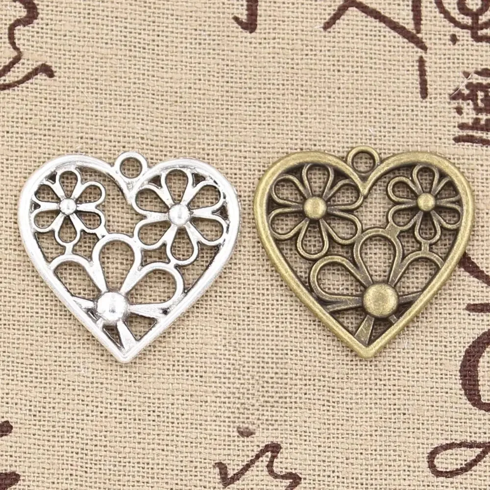 8 sztuk Charms serce kwiat 29x29mm antyczne amulety, wisiorek fit, Vintage tybetański brąz kolor srebrny, DIY ręcznie robiona biżuteria — zdjęcie 2
