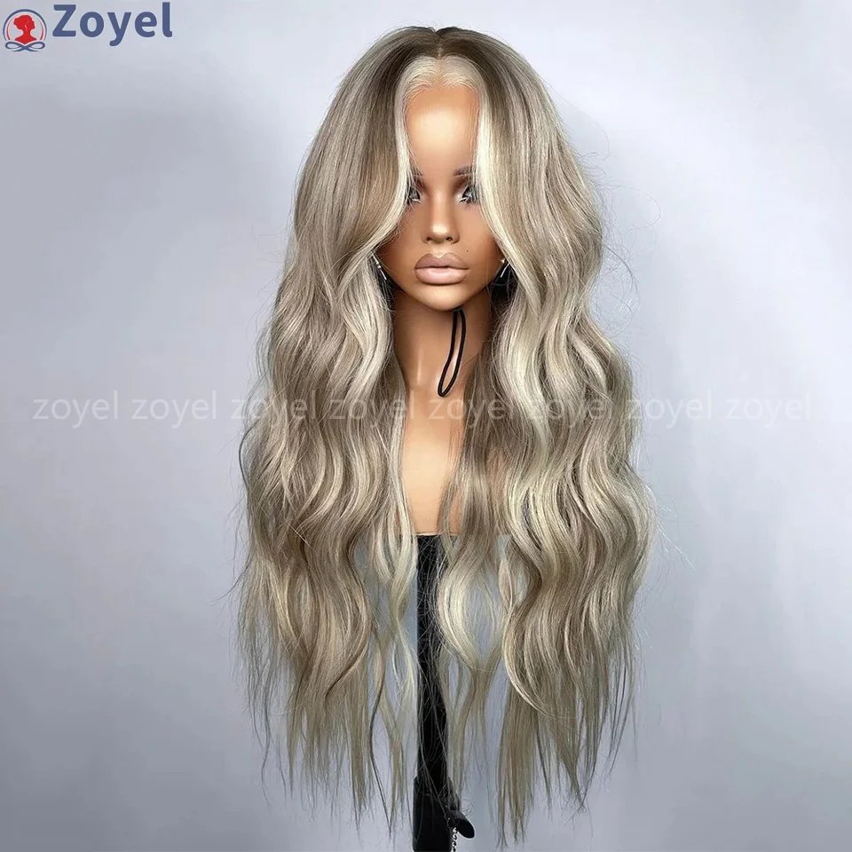 

26-дюймовый парик с кружевной передней частью, светло-русый, с эффектом волны, цвета пепельной руси, из синтетических волос, для женщин, 13x4, термостойкий