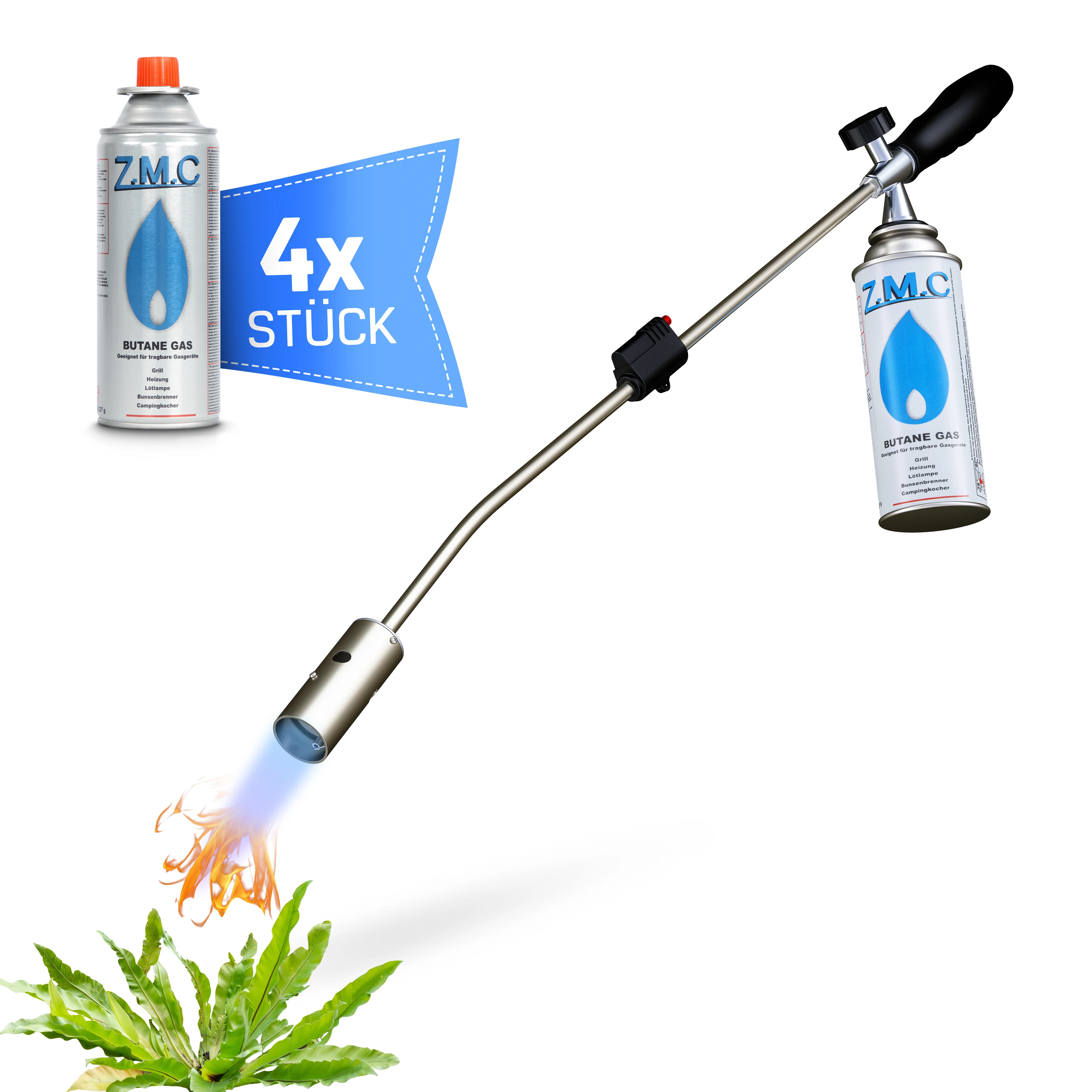 ZMC Unkrautbrenner 2,5 kW mit Piezo-Zündung, Abflammgerät & Unkrautvernichter bis 1400 °C, geeignet für Garten, Hof und Gehwege, inklusive 4x 227g Gaskartuschen für flexiblen Einsatz