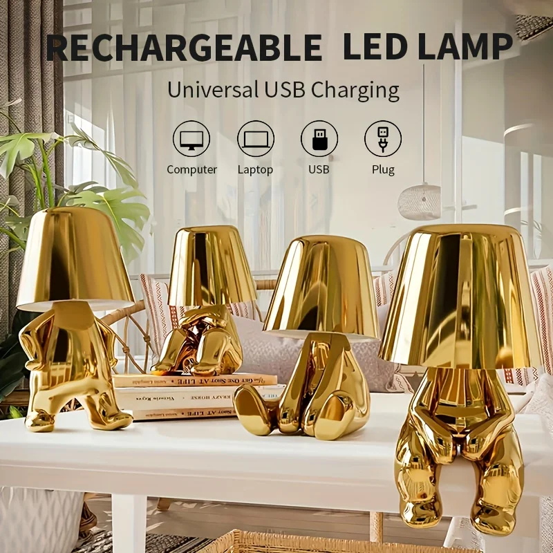 Bedside Touch Control Table Lamp Golden Decor Thinker Statue LED Table Lamp With USB Port Home Living Room Office Shelf Decor