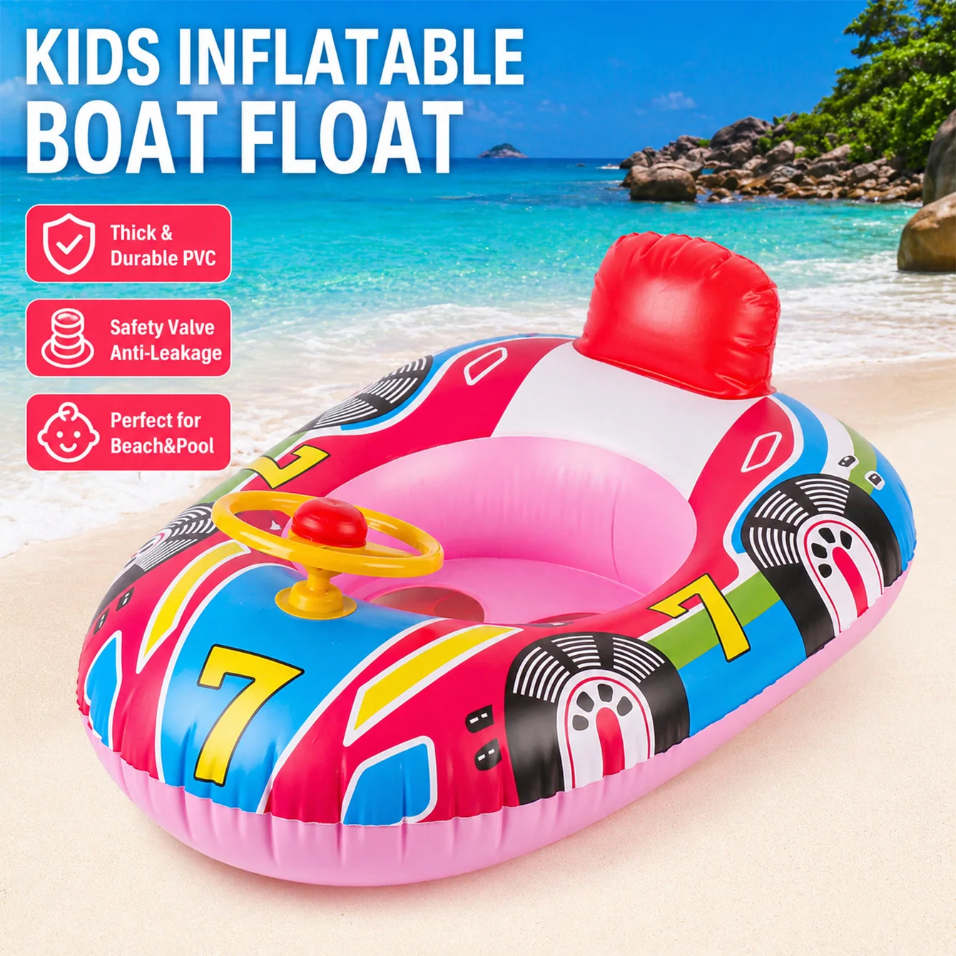 1PC Inflatable Car Pool Float with Steering Wheel, PVC Water Seat Boat for Beach Pool Lake Summer Water Fun