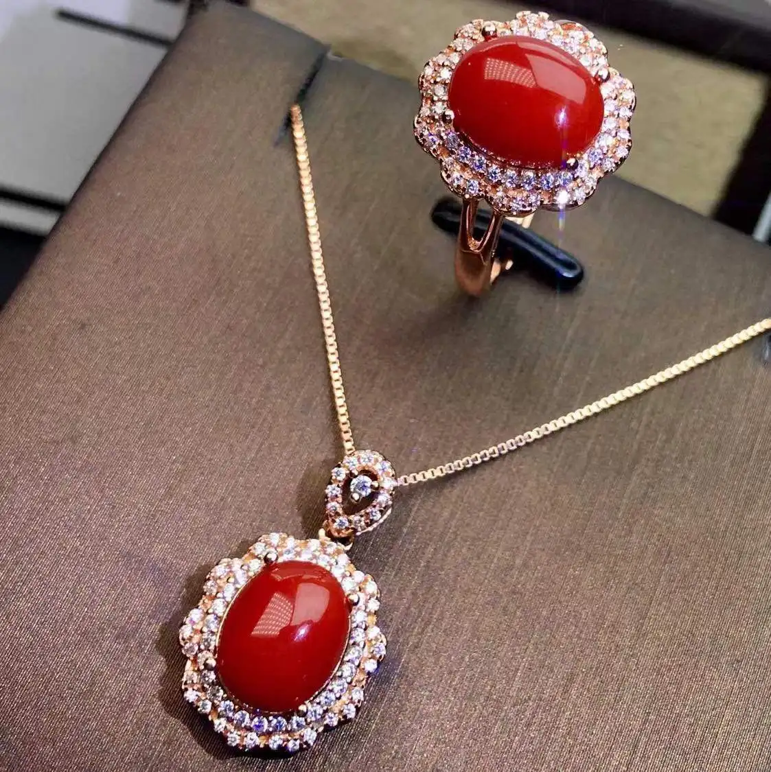 KJJEAXCMY Fine Jewelry 925 Sterling silver natural Red Coral Gemstone Korean women's Ring Pendant set send girlfriend birthday w view 5