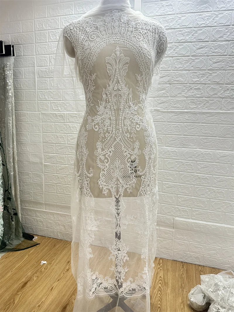 Latest  LFY Off White Good Quality Good Price Unique Special Tulle Embroidery Lace Fabric Wedding Dress Lace Fabric