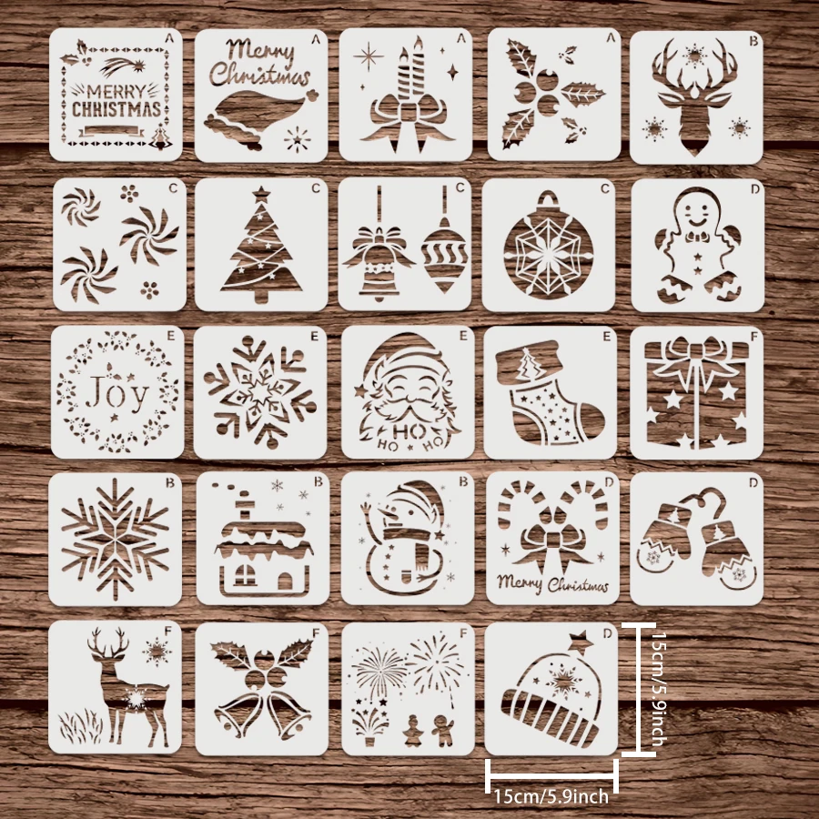24-teiliges Weihnachtsschablonen-Set, 15 x 15 cm, wiederverwendbare DIY-Malschablonen für Karten, Scrapbooking, Leinwand, Stoff, Wand und Urlaub Cr