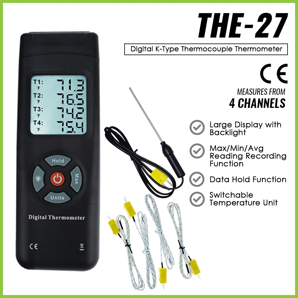 

Digital Thermocouples K-Type 4 Channel Thermometer Backlight K-Type Metal And Bead Probe Temperature Instrument