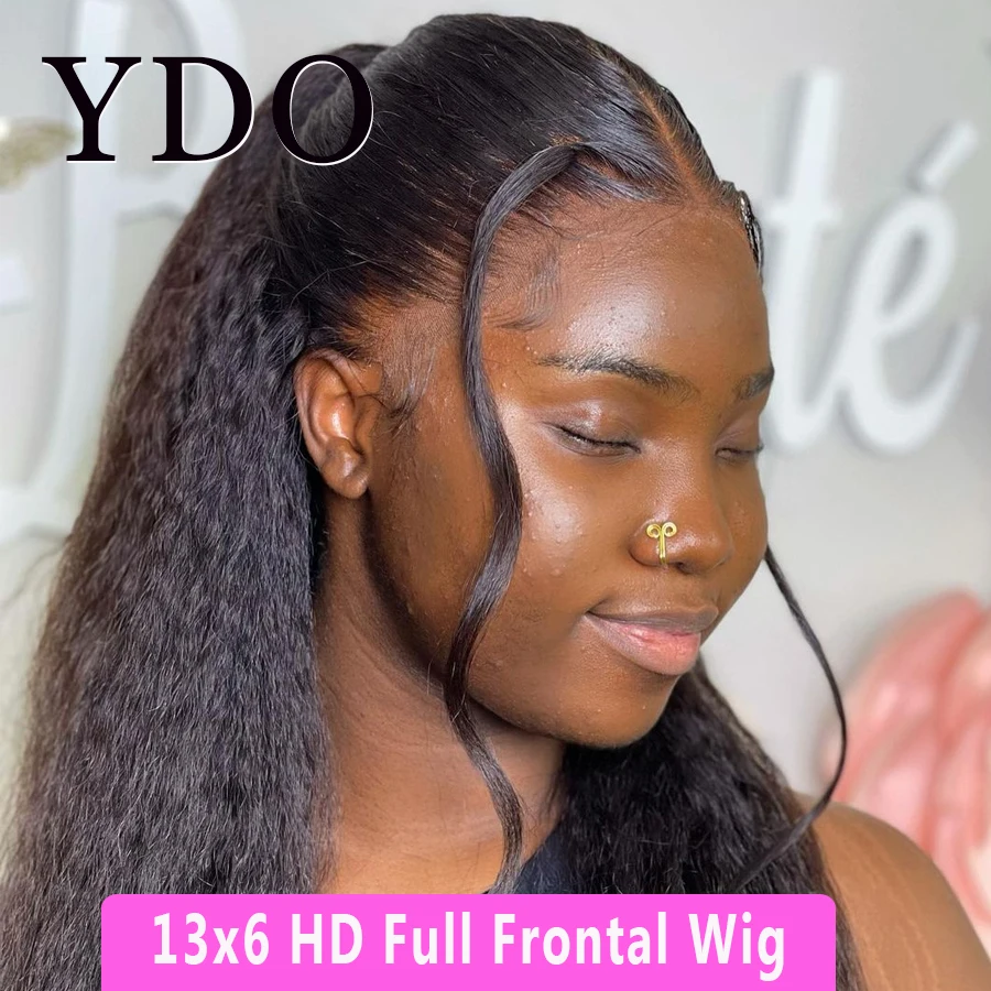 

Full Frontal Kinky Straight Wig 13X6 Pre Plucked Yaki Brazilian 13x4 Lace Frontal Closure Human Hair Wig For Woman Hairline