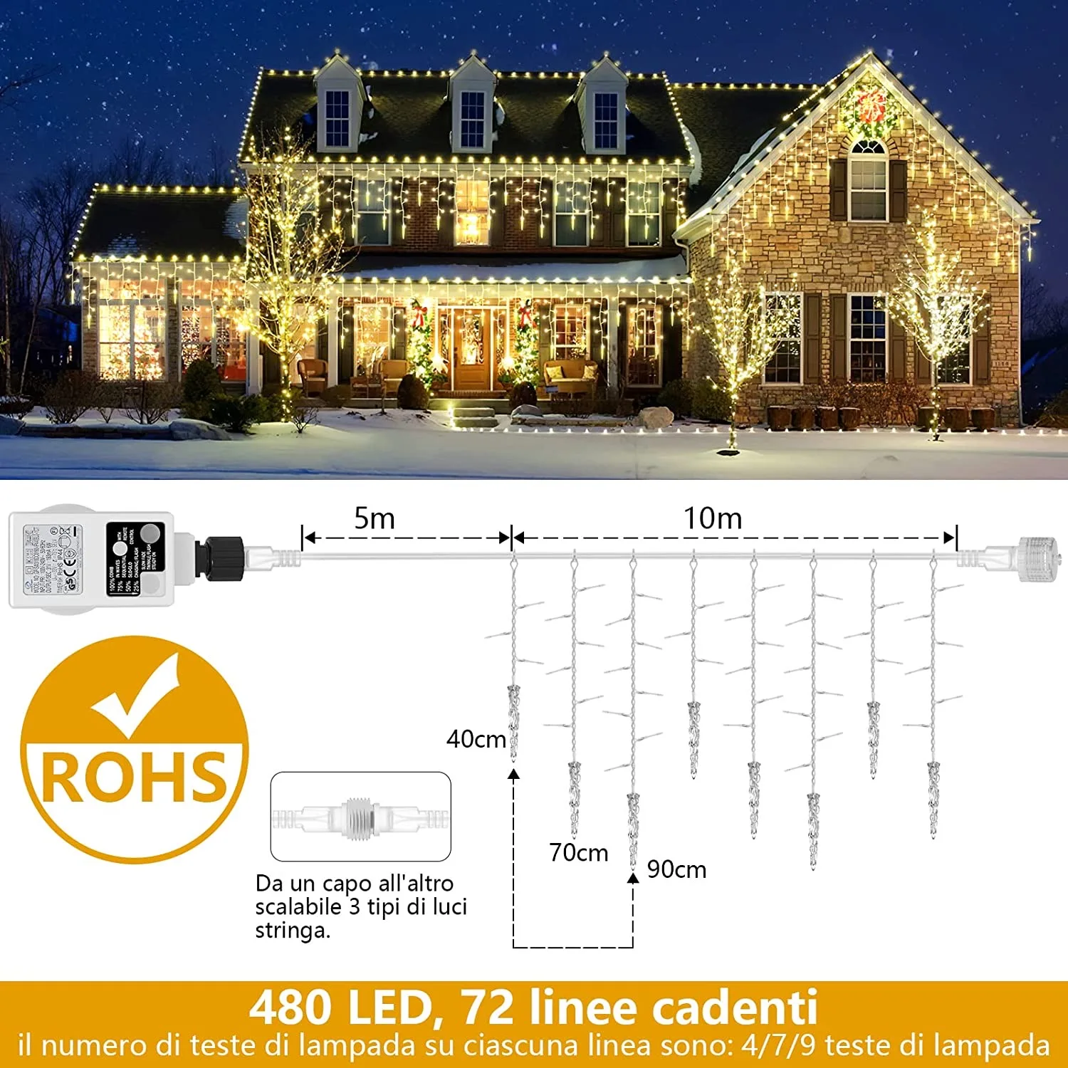 Luces Navidad en Cortina de LED 10 metros, 10M 480 LED Luces Navidad Exterior, Luces Navidad Exterior Cortina con 8 Modos Mando, IP44 Impermeable