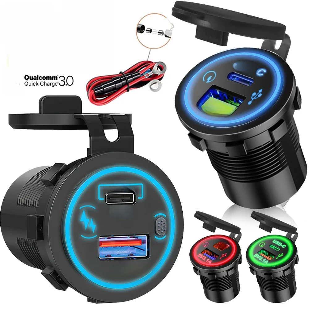 Tomada impermeável do carregador USB, porta de saída, PD tipo C, QC3.0, 12V, 30W, 85W, apto para