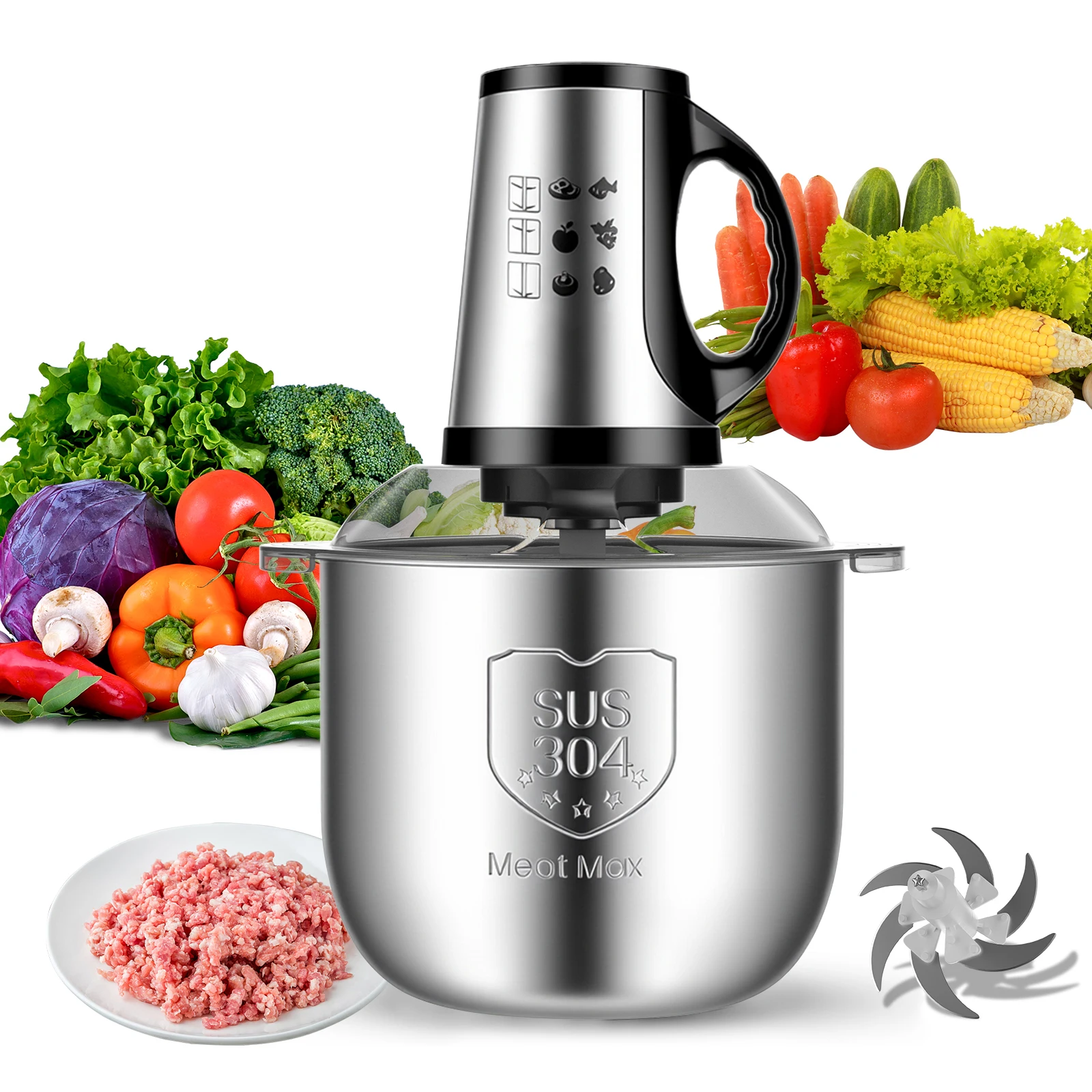 Picadora de carne y picadora de alimentos eléctrica de 4L y 300W, 30000 RPM con tazón de acero inoxidable 304 y 5 cuchillas, 3 velocidades para carne, verduras