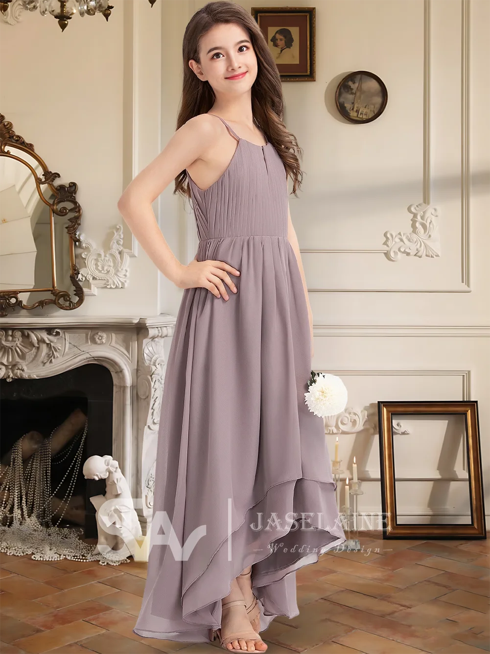 Um vestido de dama de honra júnior chiffon halter assimétrico vestido da menina de flor uma linha arco festa de casamento vestido de comunhão meninas formal