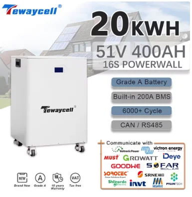 Tewaycell 400AH 20KWh 51V Lítio ferro Fosfato Buitl-in 200A BMS LiFePO4 Bateria Solar ESS Powerwall 6000 Ciclos NOTAX DDP