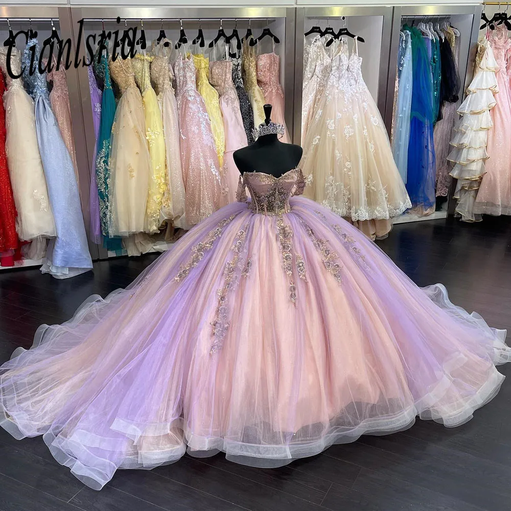 Zoete 16 Lila Quinceanera Jurken Off Shoulder Ruches Baljurk Jurk Prom Jassen Vestido De 15 Anos Quinceanera