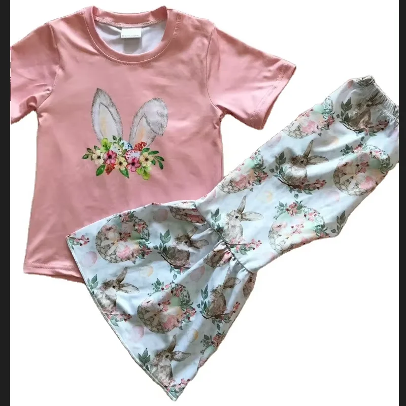 

Wholesale Happy Easter Clothes Boutique Girl Short Sleeve Tops Bell Bottom Pants Clothing Outfits Kids Clothes Set