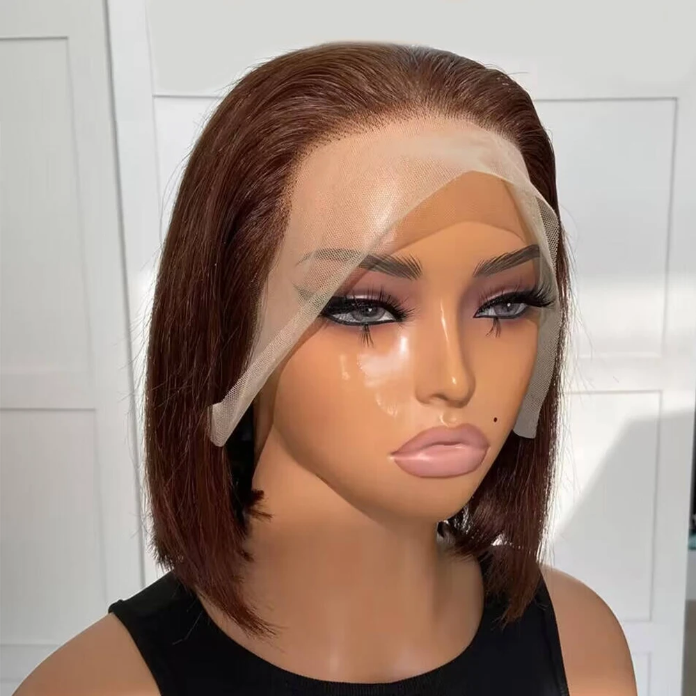 

Short Bob Wig Chocolate Brown Bone Straight 13x4 Transparent Lace Frontal 100% Human Hair Lace Front #4 Colored Wigs For Women