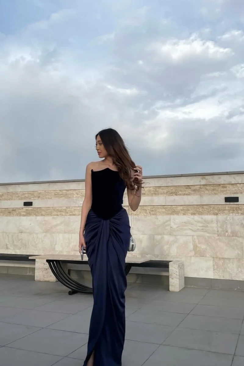 Jessica Dark Blue Evening Dresses Pleated Satin Women Prom Dresses Off-the-shoulder Velvet Mermaid Vestidos De FiestaCustomized