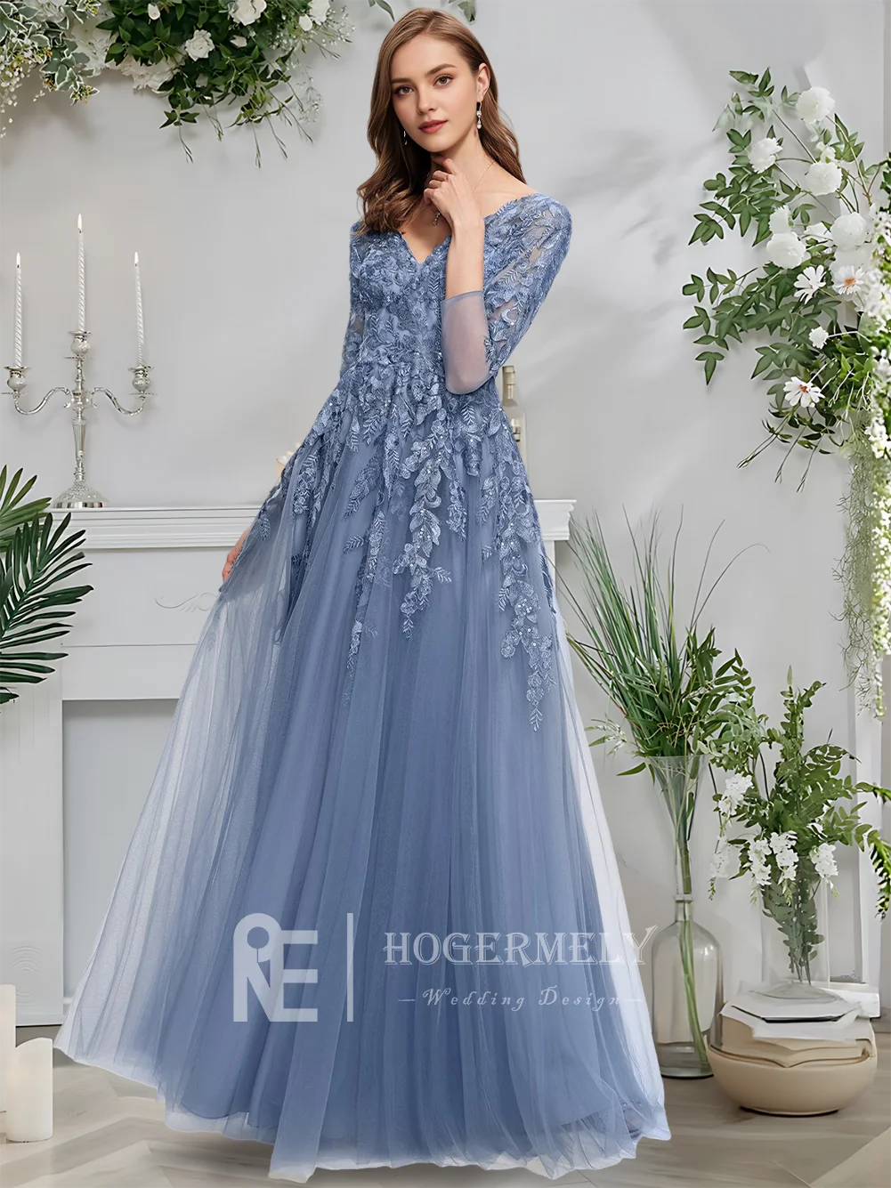 Bを入力してください ​ イブニングドレス スレートブルー Aライン Vネック チュール レース プロムドレス 2025 マキシレングス スパンコール付き 7/4スリーブ ウェディングパーティー フォーマル