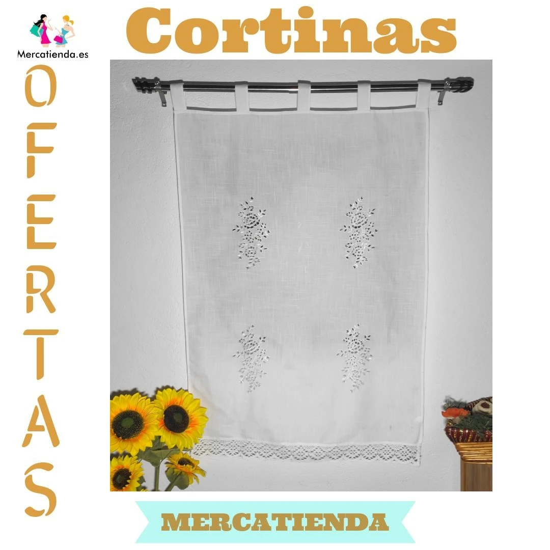 Short rustic kitchen curtain embroidered with lace for windows and doors shipping from Spain