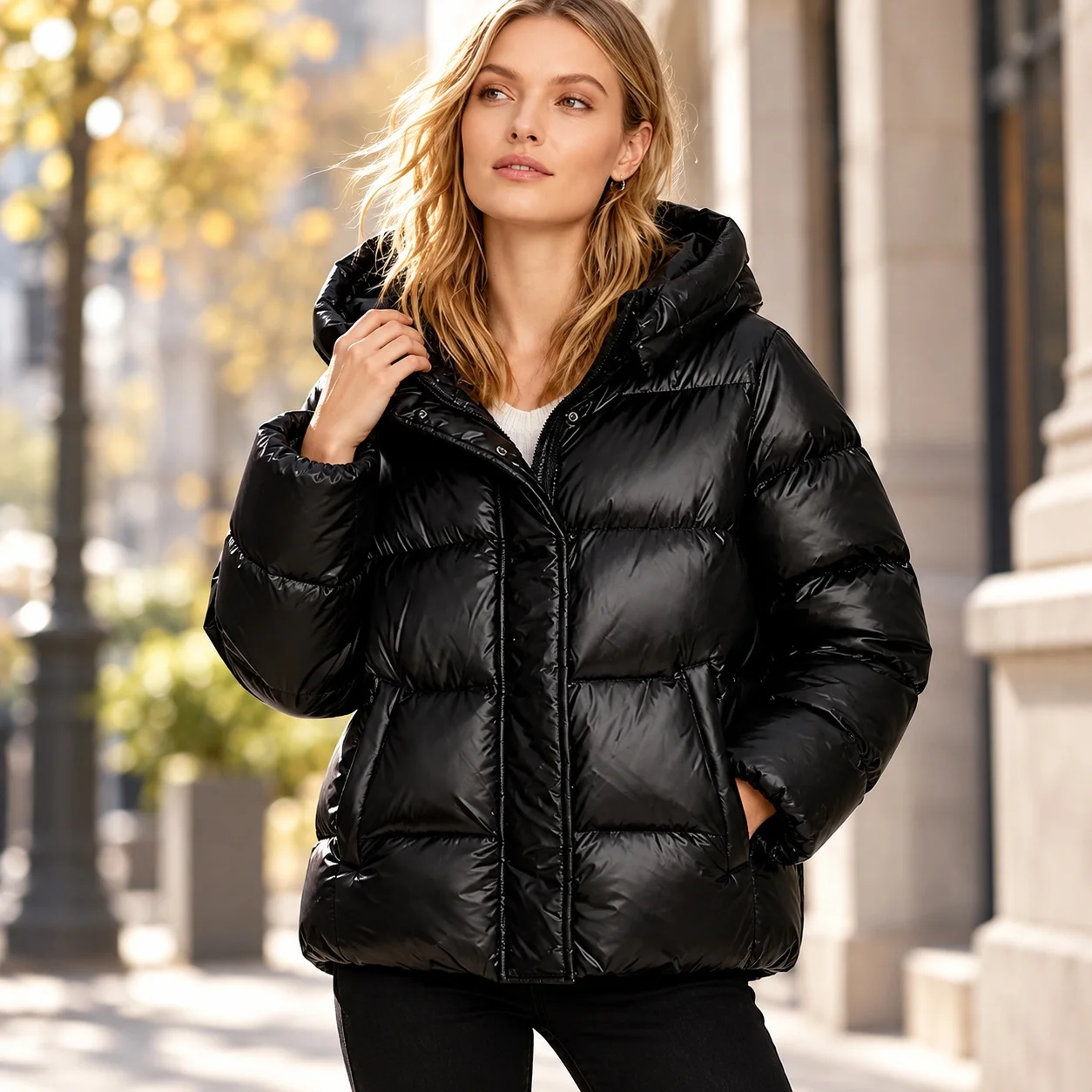 Thick Hooded Coat Loose Fit Streetwear with Pocket Detail Notched Lapel Edgy Street European and American Style Spring for Women