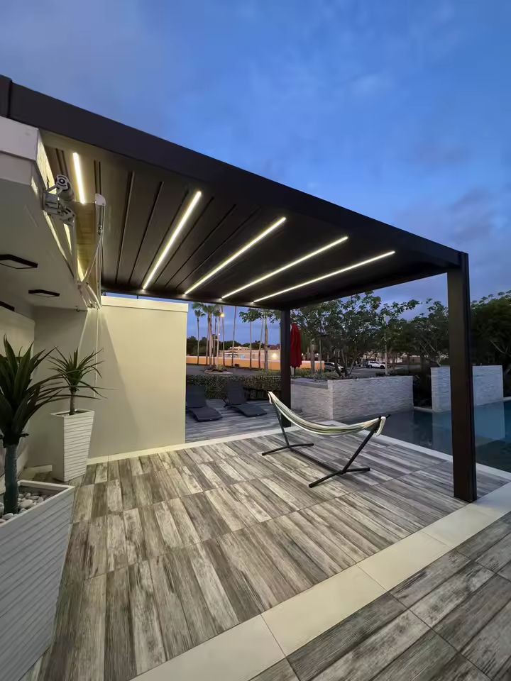 Bioclimatic louvered aluminum pergola structure in matte finish