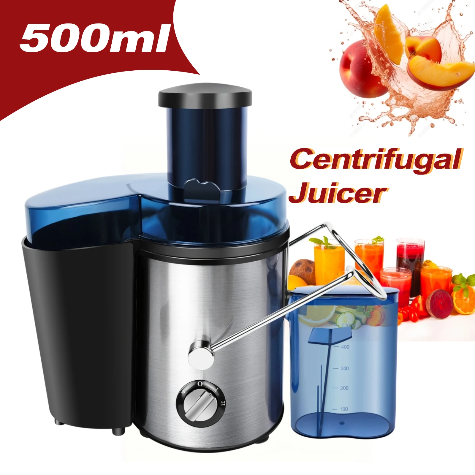 Estrattore di succo per frutta e verdura intera, con bocca larga da 65 mm, 2 velocità, sistema centrifugo, corpo in acciaio inossidabile, blocco di si