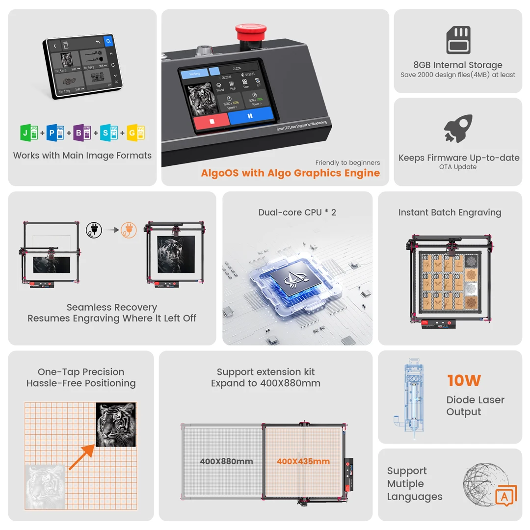 

Algolaser DIY KIT MK2 10W Laser Engraver Cutter Tool Metal Glass Wifi/PC Wood CNC Touch Screen Lase Engraving Cutting Machine