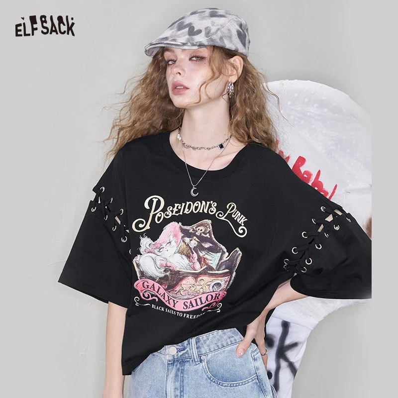 ELFSACK Punk Black T-Shirt with Lace-up Sleeves, Gothic Galaxy Sailor Graphic Tee, Vintage Aesthetic Eyelet Streetwear Top
