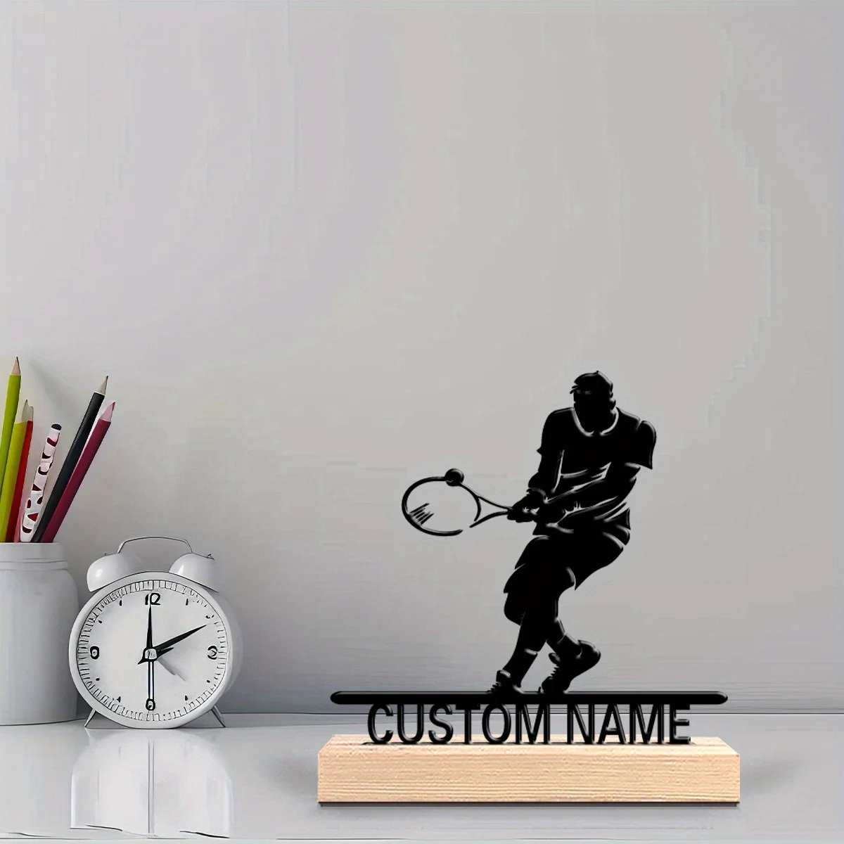 Personalized Tennis Player Metal Statue With Wooden Base, Custom Name Desktop Trophy Gift For Tennis Lovers Birthday Home Decor view 5
