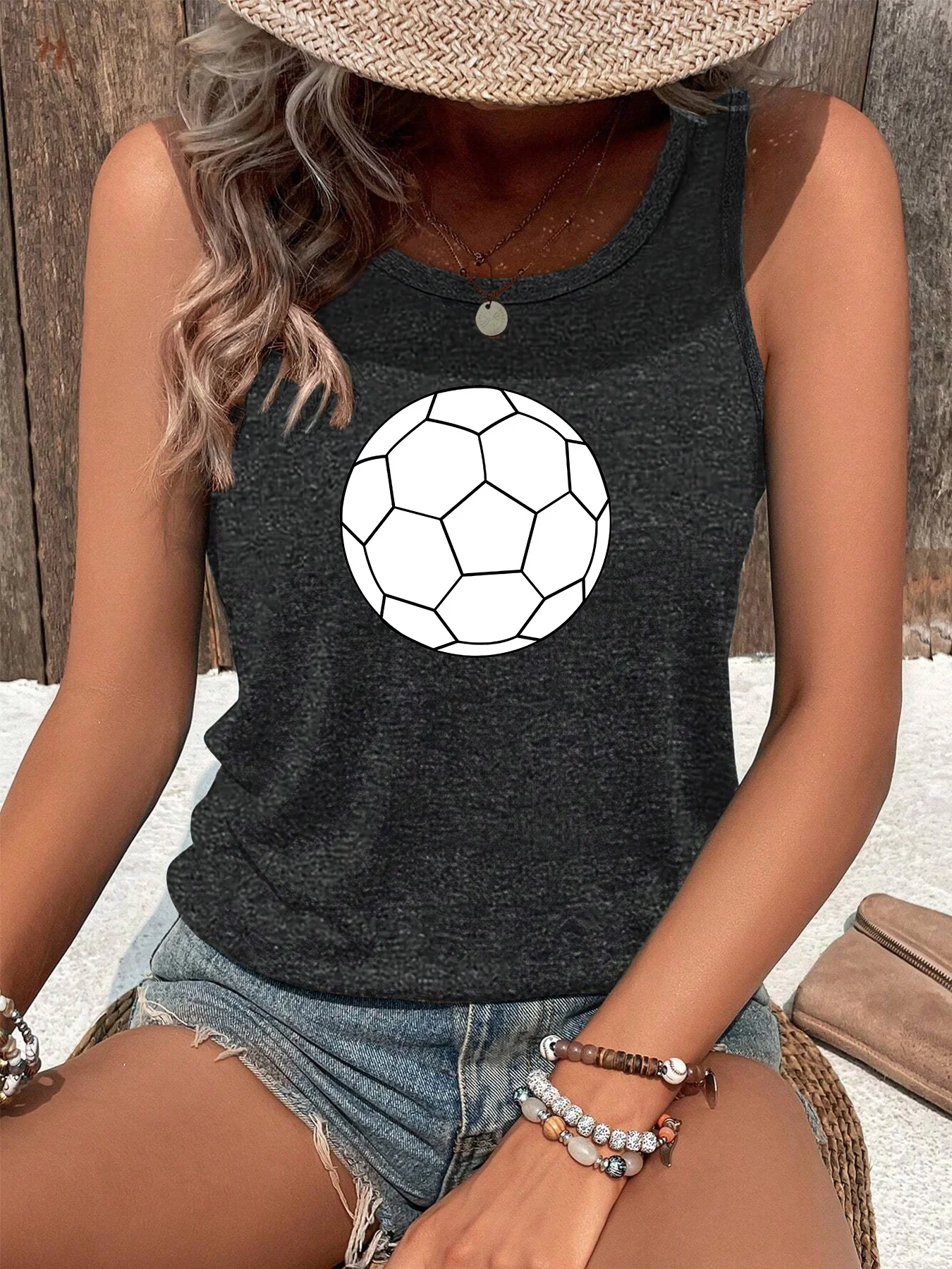 Soccer Ball Football Icon Classic Printing Fashion Funny Sports Women's Tank Top Loose O Neck Sleeveless Casual Tank