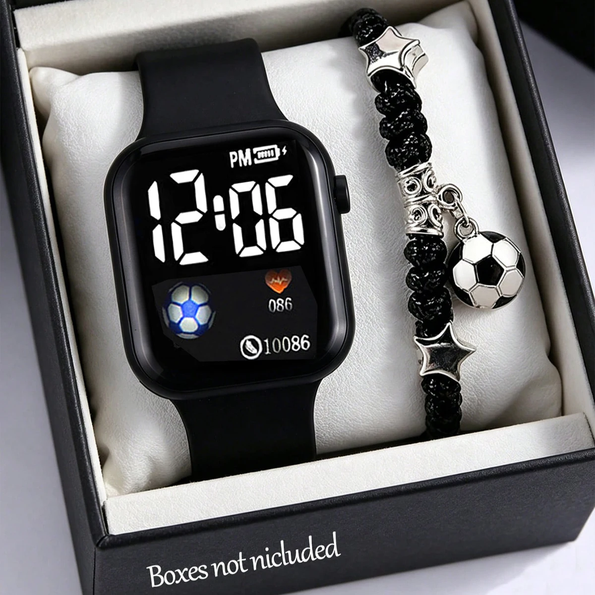 2-Piece Set, Boys' Cartoon Football Pattern Electronic Watch with Football Bracelet Set, Silicone Strap, Digital Display, Stylish and Simple, Versatile for Everyday Use, Great Gift for Back-To-School Season, Graduation Season, Birthdays, New Year, Christmas, and Other Holidays.