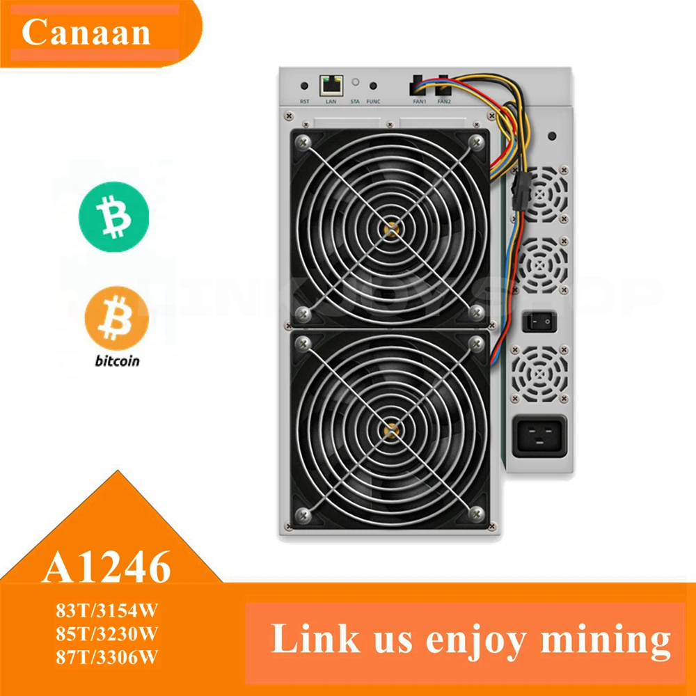 Modelo AvalonMiner 1246 de algoritmo de SHA-256 de minería canaaan, con un hashrate máximo de 83Th/s, para un consumo de energía de 3420W