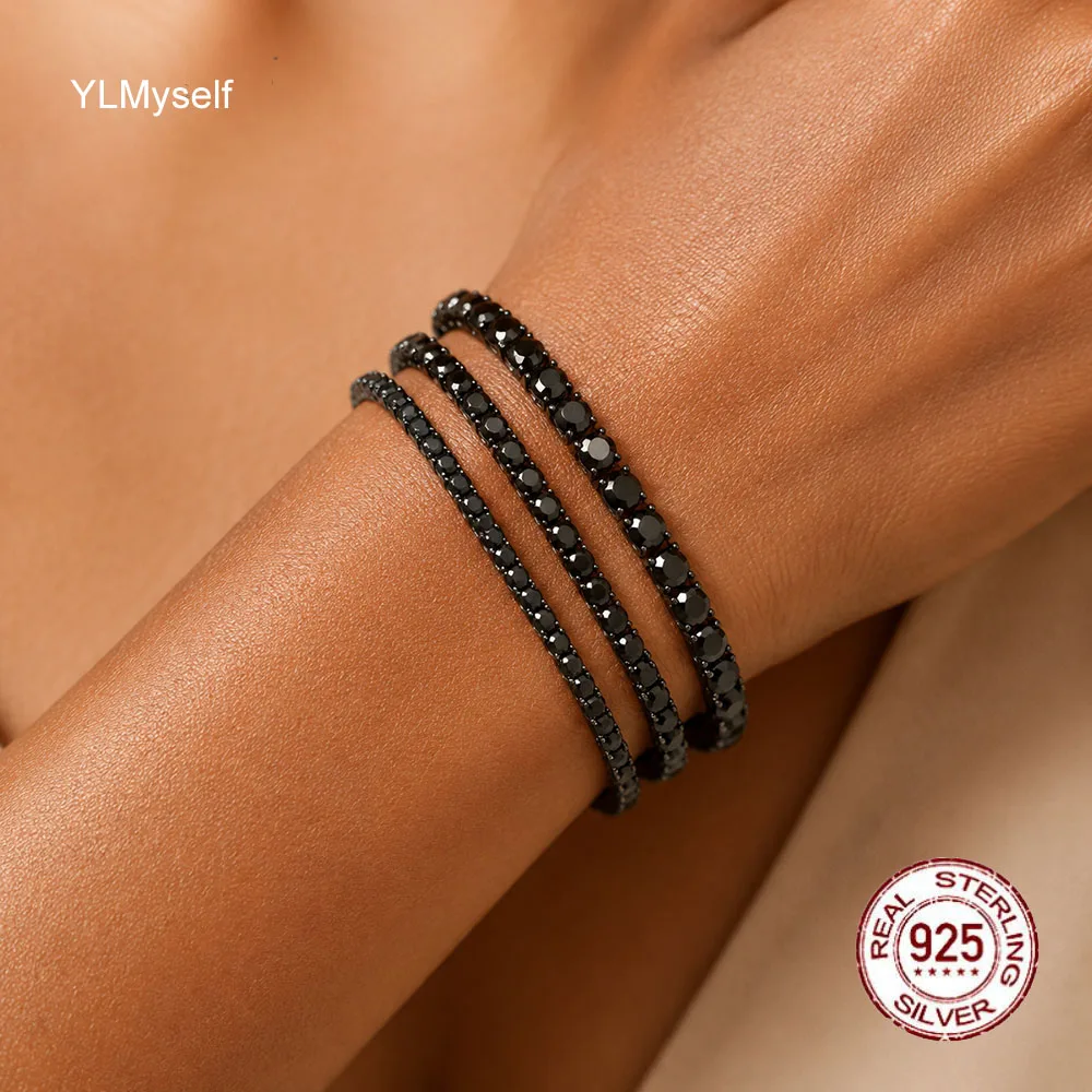 Black Cubic Zirconia Tennis Bracelet Solid 925 Sterling Silver Chain Round Cut AAA CZ Hip Hop Jewelry 3mm 4mm 5mm 14-21cm