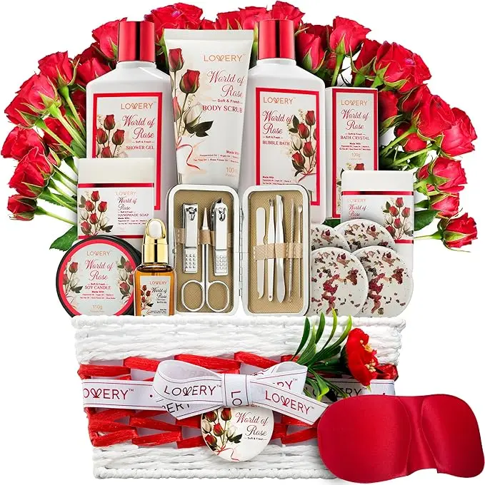 Spa Gifts for Women, Bath and Body Gift Set, Red Rose Gift Basket, 35 Piece Stress Relief Spa Kit, Thank You, Birthday, Mom Gift