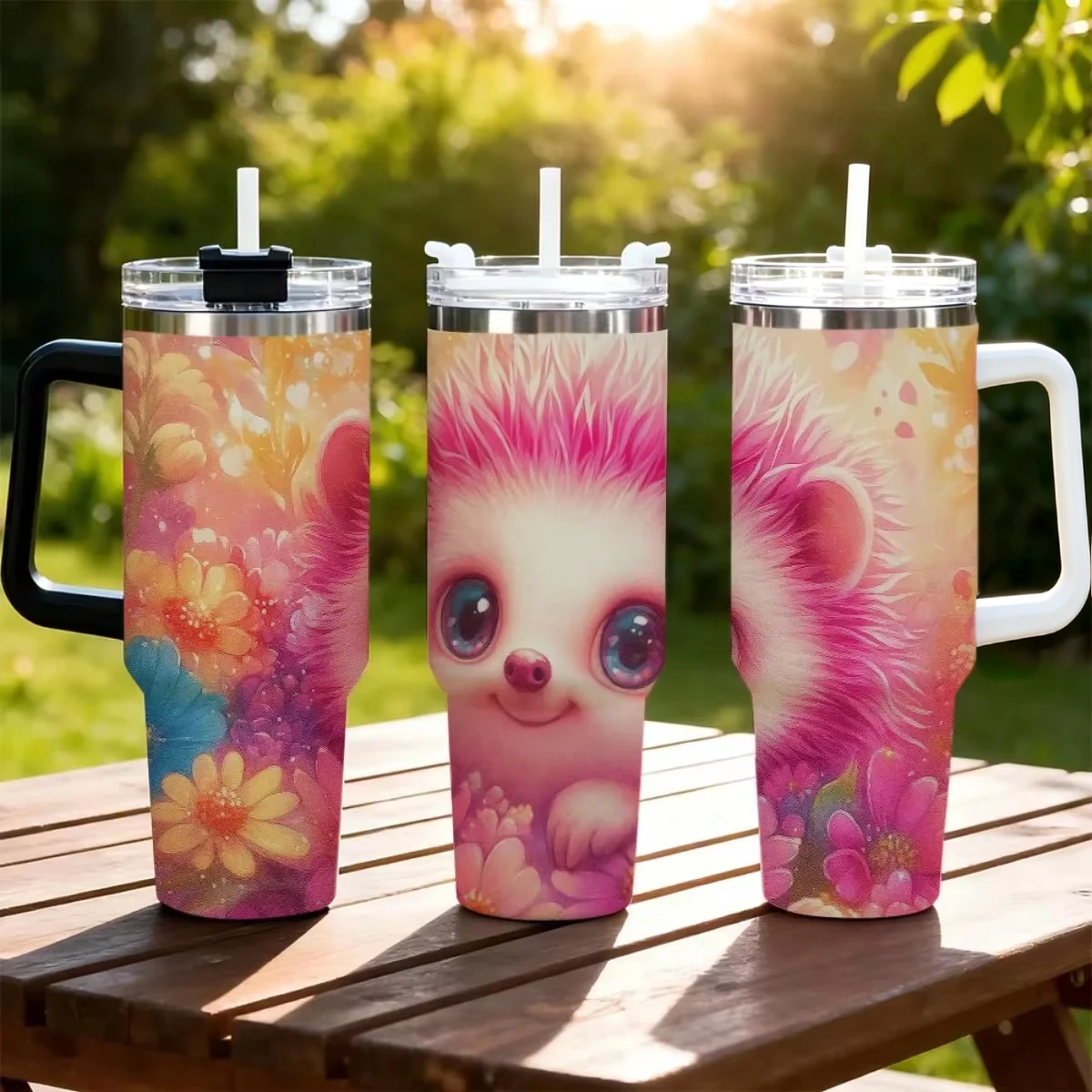 40oz Cute Pink Hedgehog Floral Tumbler With Handle Straw Lid, Double Wall Vacuum Insulated Stainless Steel Travel Mug, Cartoon Animal Flower Print Cup For Car Outdoor Pink handle out of stock. White will be sent by default upon order.
