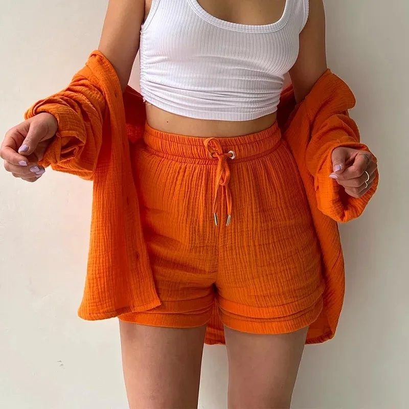 Summer Women Short Sets Outfits High Waisted Shorts Solid 2-pcs Set Casual Female Clothing Solid Button Loose Suit Streetwear