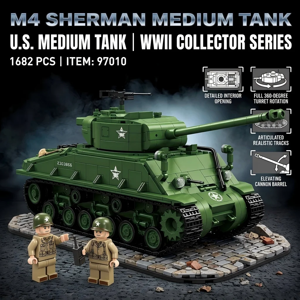 

MOC WW2 US Army M4 Sherman Medium Tank Military Building Blocks 1682pcs DIY Armor Vehicle Model Bricks Kit Toy for Boys Gift⁠